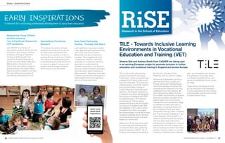 EARLY INSPIRATIONS                                                                                                                                                                                                                    RESEARCH




A network for continuing professional development in Early Years education

                                                                                                                               Research in the School of Education
  Researching Young Children
  and their Learning:
  I am a Practitioner Researcher         Demystifying Practitioner                Early Years Partnership
  CPD conference                         Research                                 Evening - Thursday 29th March             TILE - Towards Inclusive Learning
  Jean McNiff is professor of
  educational research at York St John
  University. She is also a visiting
                                         This interactive session will give
                                         practical advice about how you as
                                         an early-years practitioner can
                                                                                  Last night Early Inspirations hosted
                                                                                  a well-attended partnership evening       Environments in Vocational
                                                                                                                            Education and Training (VET)
                                                                                  with a key note from Carmen
  professor at Ningxia Teachers          improve your practice in order to        Mohamed from the University of
  College and Beijing Normal             improve the learning of your children.   Leicester. The engaging key note
  University, People’s Republic of       You can do this by developing your       ‘I listen and I believe, I see and I
  China; and at the Nelson Mandela       understanding and skills about how       understand’: a collective reﬂection       Sheena Bell and Andrew Smith from CeSNER are taking part
  Metropolitan University, South         to conduct research into your own        approach to understanding                 in an exciting European project to promote inclusion in further
  Africa. She has written a range of     practice and ﬁnd ways of helping         children’s experience. The evening
  practical books and papers about
                                                                                                                            education and vocational training in England and across Europe.
                                         other people to do the same.             also saw 14 past students presented
  how to do action research, and how                                              with their Early Years Professional
  this may inﬂuence processes of                                                  Status awards. Attendees were then        TILE is a 24 month international         the Policies’ Indicators of the           work, we managed to spend some
  educational improvement for all.                                                invited to join the Early Years team in   project funded by the European           Roadmap with our partner college.         time getting to know each other,
                                                                                  light refreshments as a huge thank        Commission, led by universities and                                                including a wonderful dinner and
                                                                                  you for all their hard work.              colleges from Finland, Estonia and       At the end of November, two of our        sauna at a traditional Finnish venue
                                                                                                                            the Czech Republic. The University       partners from OCVC joined us in           by a lake.
                                                                                                                            of Northampton and OCVC (Oxford          Finland, along with representatives
                                                                                                                            and Cherwell Valley College of           from the three other countries. We        There will be a workshop in June
                                                                                                                            Further Education) are the English       received a warm welcome in a chilly       at The University of Northampton
                                                                                                                            partners. The project’s purpose is:      Jyväskylä for our ﬁrst meeting. We        in which partners from all countries
                                                                                                                            To develop and pilot a ‘Roadmap for      were welcomed by Maija Hirvonen           will participate, and this will include
                                                                                                                            the Inclusion of students with SEN       from JAMK, the University of Applied      a Dissemination Event.
                                                                                                                            for professionals in VET learning        Sciences and other members of the
                                                                                                                            environments’. The tool being            support team from the university.
                                                                                                                            developed will be a set of indicators    Partners from the Vocational College
                                                                                                                            for inclusion of students with SEN       in Kokkola in Finland were also in
                                                                                                                            and disability in VET, which will be     attendance, as were partners from
                                                                                                     Learn more                                                      the University of Tartu and Tartu
                                                                                                                            translated into 3 other languages
                                                                                                     about Early                                                     Vocational Training Centre in Estonia,
                                                                                                                            and disseminated in a variety of ways,
                                                                                                     Inspirations                                                    and The University of Masaryk in the
                                                                                                                            including a website which will allow
                                                                                                                            countries across Europe to access        Czech Republic. We took part in a
                                                                                                                            adapt and use the tool.                  series of workshops and discussions
                                                                                                                                                                     over four days, and continued to
                                                                                                                            Sheena and Andy have so far been         collaborate on indicators for inclusive
                                                                                                                            involved leading the development         policies which Finnish colleges had
                                                                                                                            of a dissemination plan, gathering       been preparing and which have been
                                                                                                                            baseline data about SEN in VET in        piloted in January within our partner
                                                                                                                            England, and adapting and piloting       institutions. Despite all the intensive


36 WWW.NORTHAMPTON.AC.UK/EDUCATION                                                                                                                                                                         INSPIRE MAGAZINE. ISSUE 7, SUMMER ‘12         37
 