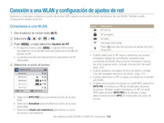 Conexión a una WLAN y conﬁguración de ajustes de red
Aprenda a conectarse mediante un punto de acceso (AP) cuando se encuentra dentro del alcance de una WLAN. También puede
conﬁgurar los ajustes de la red.

Conectarse a una WLAN

1
2
3

Icono

Descripción

AP ad hoc

Gire el selector de modos hasta w.
Seleccione

,

,

,

,o

.

AP protegido
AP WPS

Pulse [m], y luego seleccione Ajustes de AP.

Intensidad de la señal

• En algunos modos, pulse [m] o siga las instrucciones

Pulse [t] para abrir las opciones de ajustes del punto
de acceso

que aparecen en la pantalla hasta que aparezca la pantalla de
Ajustes de AP.
• La cámara buscará automáticamente los dispositivos de AP
disponibles.

4

Seleccione un punto de acceso.
Ajustes de AP
Samsung 1
Samsung 2
Samsung 3
Samsung 4
Samsung 5
Atrás

Seleccionar

• Seleccione WPS PBC para conectarse al punto de acceso

WPS.

• Cuando seleccione un AP seguro, aparecerá una ventana

emergente. Ingrese las contraseñas necesarias para
conectarse a la WLAN. Para conocer información acerca
de cómo ingresar texto, consulte „Introducción de texto”.
(pág. 103)
• Cuando aparezca una página de inicio de sesión, consulte
"Uso del navegador para inicio de sesión". (pág. 101)
• Cuando seleccione un AP no seguro, la cámara se conectará
a la WLAN.
• Si selecciona un punto de acceso con perﬁl WPS, seleccione
WPS PIN, e introduzca un PIN en el dispositivo de punto
de acceso. También puede conectarse a un AP con perﬁl
WPS seleccionando WPS PBC en la cámara, y luego
seleccionando el botón WPS en el dispositivo de punto de
acceso.

• Seleccione Actualizar para actualizar los puntos de acceso

disponibles.
• Seleccione Añadir red inalámbrica para añadir un punto

de acceso manualmente.
Red inalámbrica (WB150F/WB151F/WB152F únicamente) 100

 