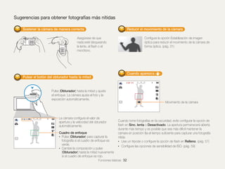 Sugerencias para obtener fotografías más nítidas
Sostener la cámara de manera correcta

Reducir el movimiento de la cámara

Asegúrese de que
nada esté bloqueando
la lente, el ﬂash o el
micrófono.

Conﬁgure la opción Estabilización de imagen
óptica para reducir el movimiento de la cámara de
forma óptica. (pág. 31)

Cuando aparezca
Pulsar el botón del obturador hasta la mitad

Pulse [Obturador] hasta la mitad y ajuste
el enfoque. La cámara ajusta el foto y la
exposición automáticamente.

La cámara conﬁgura el valor de
apertura y la velocidad del obturador
automáticamente.
Cuadro de enfoque
• Pulse [Obturador] para capturar la

fotografía si el cuadro de enfoque es
verde.
• Cambie la composición y pulse
[Obturador] hasta la mitad nuevamente
si el cuadro de enfoque es rojo.

Movimiento de la cámara

Cuando tome fotografías en la oscuridad, evite conﬁgurar la opción de
ﬂash en Sinc. lenta o Desactivado. La apertura permanecerá abierta
durante más tiempo y es posible que sea más diﬁcil mantener la
cámara en posición ﬁja el tiempo suﬁciente para capturar una fotografía
nítida.
• Use un trípode o conﬁgure la opción de ﬂash en Relleno. (pág. 57)
• Conﬁgure las opciones de sensibilidad de ISO. (pág. 59)

Funciones básicas 32

 