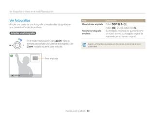 Ver fotografías o vídeos en el modo Reproducción

Ver fotografías

Para

Descripción

Amplíe una parte de una fotografía o visualice las fotografías en
una presentación de diapositivas.

Mover el área ampliada

Pulse [D/c/F/t].

Recortar la fotografía
ampliada

Pulse [o], y luego seleccione Sí.
(La fotografía recortada se guardará como
un nuevo archivo. La fotografía original se
mantendrá en su formato original).

Ampliar una fotografía
En el modo Reproducción, gire [Zoom] hacia la
derecha para ampliar una parte de la fotografía. Gire
[Zoom] hacia la izquierda para reducirla.

Cuando ve fotografías capturadas por otra cámara, el porcentaje de zoom
puede diferir.

Área ampliada

Recortar

Reproducción y edición 83

 