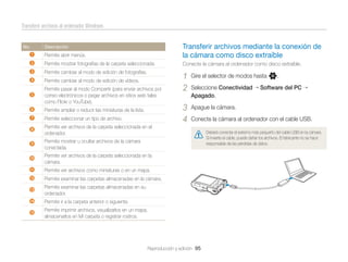 Transferir archivos al ordenador Windows

1

Permite abrir menús.

Transferir archivos mediante la conexión de
la cámara como disco extraíble

2

Permite mostrar fotografías de la carpeta seleccionada.

Conecte la cámara al ordenador como disco extraíble.

3

Permite cambiar al modo de edición de fotografías.

4

Permite cambiar al modo de edición de vídeos.

Gire el selector de modos hasta n.

5

Permite pasar al modo Compartir (para enviar archivos por
correo electrónicos o pegar archivos en sitios web tales
como Flickr o YouTube).

1
2

6

Permite ampliar o reducir las miniaturas de la lista.
Permite seleccionar un tipo de archivo.

3
4

Apague la cámara.

7
8

Permite ver archivos de la carpeta seleccionada en el
ordenador.

9

Permite mostrar u ocultar archivos de la cámara
conectada.

0

Permite ver archivos de la carpeta seleccionada en la
cámara.

!

Permite ver archivos como miniaturas o en un mapa.

@

Permite examinar las carpetas almacenadas en la cámara.

#

Permite examinar las carpetas almacenadas en su
ordenador.

$

Permite ir a la carpeta anterior o siguiente.

:

Permite imprimir archivos, visualizarlos en un mapa,
almacenarlos en Mi carpeta o registrar rostros.

No.

Descripción

Seleccione Conectividad
Apagado.

Software del PC

Conecte la cámara al ordenador con el cable USB.

Reproducción y edición 95

Deberá conectar el extremo más pequeño del cable USB en la cámara.
Si invierte el cable, puede dañar los archivos. El fabricante no se hace
responsable de las pérdidas de datos.

 