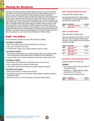 10
For more product information, or to download a product
instruction booklet, visit www.piercenet.com.
Like other immunoassay procedures, Western blotting consists of a series of incubations
with different immunochemical reagents separated by wash steps. Washing steps are nec-
essary to remove unbound reagents and reduce background, thereby increasing the
signal-to-noise ratio. Insufficient washing will allow high background, while excessive wash-
ing may result in decreased sensitivity caused by elution of the antibody and/or antigen
from the blot. As with other steps in performing a Western blot, a variety of buffers may be
used. Occasionally, washing is performed in a physiologic buffer such as Tris buffered saline
(TBS) or phosphate buffered saline (PBS) without any additives. More commonly, a deter-
gent such as 0.05% Tween®-20 (Product # 28320) is added to the buffer to help remove
nonspecifically bound material. Another common technique is to use a dilute solution of the
blocking buffer along with some added detergent. Including the blocking agent and adding a
detergent in wash buffers helps to minimize background in the assay. For best results, use
high-purity detergents, such as Surfact-Amps® Detergents for Western blotting.
BupH™ Dry Buffers
The most advanced, versatile, time-saving buffer product line available.
The ultimate in convenience …
1. Reach for the sealed foil pack sitting conveniently on your bench top.
2. Open, pour into beaker and add water.
3. The fresh buffer is ready to use in practical aliquots so there’s no waste.
The ultimate in versatility …
1. Routine buffers are designed for use in Western blotting, dialysis, cross-linking, ELISAs,
immunohistochemistry, protein plate-coating, biotinylation and other applications.
2. Using one buffer source maintains consistency and eliminates variables within the lab.
The ultimate in integrity …
1. BupH™ Buffers are protected from contamination and are fresh every time.
2. Carry out applications with confidence in buffer quality.
3. “Test-assured” with the Pierce commitment to quality management standards.
The ultimate in time savings …
1. Making routine buffers is no longer time-consuming.
2. No component measurement, pH adjustment, quality validation, preparation tracking or
refrigeration hassles.
3. Move forward with your work by eliminating re-tests due to buffer problems.
Washing the Membrane
BupH™ Phosphate Buffered Saline Packs
Great wash buffer for Western blots!
Each pack yields 500 ml of 0.1 M phosphate,
0.15 M NaCl, pH 7.0 when dissolved in 500 ml
deionized water (20 liters total).
PRODUCT # DESCRIPTION PKG. SIZE
28372 BupH™ Phosphate Buffered 40 pack
Saline Packs
BupH™ Tris Buffered Saline
Great wash buffer for Western blots!
Each pack yields 500 ml of 25 mM Tris, 0.15 M
NaCl, pH 7.2 when dissolved in 500 ml deion-
ized water (10 pack makes 5 liters total; 40 pack
makes 20 liters total).
PRODUCT # DESCRIPTION PKG. SIZE
28380 BupH™ Tris-Glycine 40 pack
Buffer Packs
28376 BupH™ Tris Buffered 40 pack
Saline Packs
28379 BupH™ Tris Buffered 10 pack
Saline Packs
Surfact-Amps® 20 Purified Detergent Solution
Specially purified form of Tween®-20.
Highlights:
• Can be added to PBS or TBS wash buffers to
improve performance
• Guaranteed < 1 milliequivalent of peroxides
and carbonyl in a 10% solution
• Enhances signal-to-background ratio
PRODUCT # DESCRIPTION PKG. SIZE
28320 Surfact-Amps® 20 6 x 10 ml
 
