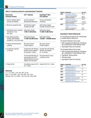 28
For more product information, or to download a product
instruction booklet, visit www.piercenet.com.
Table 8. A conversion protocol for using SuperSignal® Substrates
Step-by-step ECL™ Substrate SuperSignal® West
Conversion Protocol Pico Substrate
1. Perform standard electro- Use their Hybond™ Use any nitrocellulose
phoresis and blotting. Nitrocellulose Membrane. membrane.
2. Block the nonspecific sites. Add blocking reagent, Add blocking reagent,
incubate and wash. incubate and skip the wash!
3. Add diluted primary antibody; Optimization Range: Optimization Range:
incubate for 1 hour, 1/100-1/1,500 dilution 1/1,000-1/5,000 dilution
then wash.
4. Add diluted secondary Optimization Range: Optimization Range:
antibody (HRP-labeled); 1/1,500-1/50,000 dilution 1/20,000 - 1/100,000 dilution
incubate for 1 hour, then wash.
5. Prepare chemiluminescent Mix equal volumes Mix equal volumes
substrate. of both solutions. of both solutions.
6. Incubate the substrate Incubate blot with Working Incubate blot with Working
on the blot. Solution without agitation Solution with agitation
for precisely 1 minute. for ~5 minutes.
It’s recommended that you The signal lasts for hours,
work quickly once ECL™ so take your time!
Working Solution has been
added to the membrane.
7. Expose to film. Immediately expose to film Expose to film for 1 minute.
for 1 minute.
References
Ju, T., et al. (2002). J. Biol. Chem. 277, 178-186.
Kagan, A., et al. (2000). J. Biol. Chem. 275, 11241-11248.
Messenger, M.M., et al. (2002). J. Biol. Chem. 277, 23054-23064.
Featured Product
PRODUCT # DESCRIPTION PKG. SIZE
34080 SuperSignal® West Pico 500 ml
Chemiluminescent Substrate
Includes: Luminol/Enhancer 250 ml
Stable Peroxide Buffer 250 ml
34077 SuperSignal® West Pico 100 ml
Chemiluminescent Substrate
Includes: Luminol/Enhancer 2 x 25 ml
Stable Peroxide Buffer 2 x 25 ml
34079 SuperSignal® West Pico 50 ml
Chemiluminescent Substrate
Trial Kit
Includes: Luminol/Enhancer 25 ml
Stable Peroxide Buffer 25 ml
SuperSignal® Western Blotting Kits
For convenience and ease-of-use, nothing beats
a complete Western blotting kit!
The Standard Detection Kits provide:
• HRP-conjugated Anti-Rabbit IgG, Anti-Mouse
IgG or NeutrAvidin™ Biotin-Binding Protein
• SuperSignal® West Pico Substrate
The Complete Detection Kits provide:
• HRP-conjugated Anti-Rabbit IgG, Anti-Mouse
IgG or NeutrAvidin™ Biotin-Binding Protein
• SuperBlock® Blocking Buffer
• TBS Wash Buffer
• SuperSignal® West Pico Substrate
PRODUCT # DESCRIPTION PKG. SIZE
34081 SuperSignal® West Pico Complete Kit
Mouse IgG Detection Kit
34082 SuperSignal® West Pico Kit
Mouse IgG Detection Kit
34084 SuperSignal® West Pico Complete Kit
Rabbit IgG Detection Kit
34083 SuperSignal® West Pico Kit
Rabbit IgG Detection Kit
34086 SuperSignal® West Pico Complete Kit
Biotinylated Protein Detection Kit
34085 SuperSignal® West Pico Kit
Biotinylated Protein Detection Kit
 