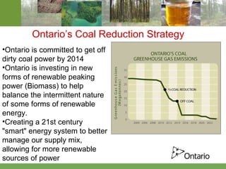 Ontario is committed to get off dirty coal power by 2014 Ontario is investing in new forms of renewable peaking power (Biomass) to help balance the intermittent nature of some forms of renewable energy.  Creating a 21st century "smart" energy system to better manage our supply mix, allowing for more renewable sources of power Ontario’s Coal Reduction Strategy 