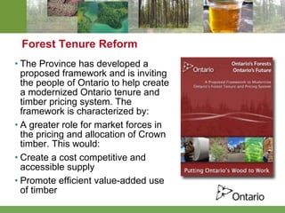 Forest Tenure Reform The Province has developed a proposed framework and is inviting the people of Ontario to help create a modernized Ontario tenure and timber pricing system. The framework is characterized by:  A greater role for market forces in the pricing and allocation of Crown timber. This would:  Create a cost competitive and accessible supply Promote efficient value-added use of timber 