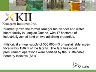 Currently own the former Krueger Inc. veneer and wafer board facility in Longlac Ontario, with 17 hectares of industrially zoned land on two adjoining properties. Historical annual supply of 500,000 m3 of sustainable aspen fibre within 150km of the facility.  The facilities wood procurement operations were certified by the Sustainable Forestry Initiative (SFI) 