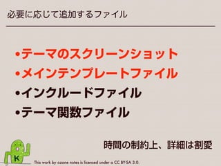 This work by ozone notes is licensed under a CC BY-SA 3.0.
WordPressに必要なファイル
ほんとうに必要なのはこの2枚だけ
index.php!と style.css
 