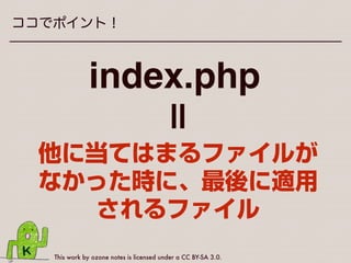 This work by ozone notes is licensed under a CC BY-SA 3.0.
必要に応じて追加するファイル
•テーマのスクリーンショット
•メインテンプレートファイル
•インクルードファイル
•テーマ関数ファイル
 