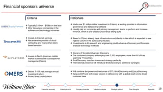 Financial sponsors universe
 Typically $10mm - $10Bn in deal size
 Only focuses on companies in the
software and technology industries
Rationale
 Made over $1 million-dollar investment in Exterro, a leading provider in information
governance and eDiscovery software
 Usually rely on companies with strong management teams to perform and increase
revenue, which is one of BrickDiscovery’s strong suits
 Based in China, already have infrastructure and clients in Asia which is expected to see
highest CAGR in the eDiscovery industry
 Investments in AI research and engineering could advance eDiscovery and forensics
analysis technology methods
 Owners of Consilio/Advanced Discovery
 The combined company will employ over 2,500 employees, more than 60 offices
spanning 11 countries
 BrickDiscovery matches investment strategy perfectly
 International presence will introduce Brickdiscovery to additional synergies
 Invests in North American middle
market business led by exceptional
management teams
 Deliver 7-11% net average annual
investment return
 Protect their funded status
 Will combine the power and resources of DTI, BrickDiscovery and Epiq eDiscovery
 Epiq and DTI are both major players in eDiscovery with a global reach and a broad
customer base
 Invests in Internet services
 Has extensive portfolio of cloud
computing and many other client-
based services
Criteria
Executive summary Industry drivers Company overview Valuation analysis Strategic options Final thoughts Appendix 19
 