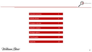 2
Executive summary 3
Industry drivers 4
Company overview 7
Valuation analysis 10
Strategic options 15
Final thoughts 21
Appendix 22
 