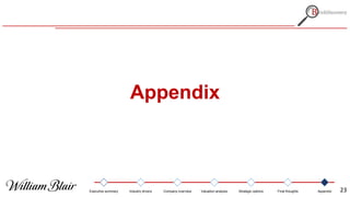 Appendix
Executive summary Industry drivers Company overview Valuation analysis Strategic options Final thoughts Appendix 23
 