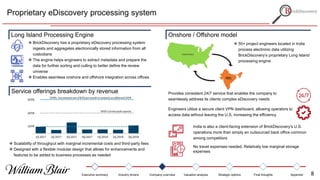 Proprietary eDiscovery processing system
Long Island Processing Engine Onshore / Offshore model
 50+ project engineers located in India
process electronic data utilizing
BrickDiscovery’s proprietary Long Island
processing engine
 BrickDiscovery has a proprietary eDiscovery processing system
ingests and aggregates electronically stored information from all
custodians
 The engine helps engineers to extract metadata and prepare the
data for further sorting and culling to better define the review
universe
 Enables seamless onshore and offshore integration across offices
 Scalability of throughput with marginal incremental costs and third-party fees
 Designed with a flexible modular design that allows for enhancements and
features to be added to business processes as needed
Service offerings breakdown by revenue Provides consistent 24/7 service that enables the company to
seamlessly address its clients complex eDiscovery needs
Engineers utilize a secure client VPN dashboard, allowing operators to
access data without leaving the U.S, increasing the efficiency
India is also a client-facing extension of BrickDiscovery’s U.S.
operations more than simply an outsourced back office common
among competitors
No travel expenses needed. Relatively low marginal storage
expenses
Executive summary Industry drivers Company overview Valuation analysis Strategic options Final thoughts Appendix 8
 