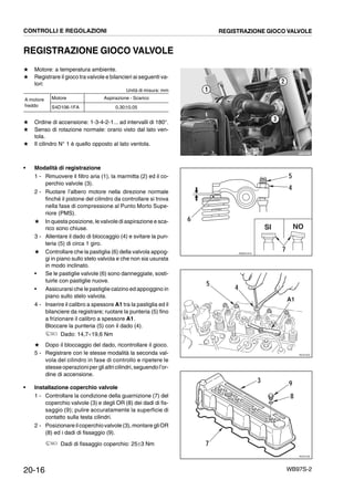 20-16 WB97S-2
REGISTRAZIONE GIOCO VALVOLE
★ Motore: a temperatura ambiente.
★ Registrare il gioco tra valvole e bilancieri ai seguenti va-
lori:
Unità di misura: mm
★ Ordine di accensione: 1-3-4-2-1... ad intervalli di 180°.
★ Senso di rotazione normale: orario visto dal lato ven-
tola.
★ Il cilindro N° 1 è quello opposto al lato ventola.
• Modalità di registrazione
1 - Rimuovere il filtro aria (1), la marmitta (2) ed il co-
perchio valvole (3).
2 - Ruotare l’albero motore nella direzione normale
finché il pistone del cilindro da controllare si trova
nella fase di compressione al Punto Morto Supe-
riore (PMS).
★ In questa posizione, le valvole di aspirazione e sca-
rico sono chiuse.
3 - Allentare il dado di bloccaggio (4) e svitare la pun-
teria (5) di circa 1 giro.
★ Controllare che la pastiglia (6) della valvola appog-
gi in piano sullo stelo valvola e che non sia usurata
in modo inclinato.
• Se le pastiglie valvole (6) sono danneggiate, sosti-
tuirle con pastiglie nuove.
• Assicurarsi che le pastiglie calzino ed appoggino in
piano sullo stelo valvola.
4 - Inserire il calibro a spessore A1 tra la pastiglia ed il
bilanciere da registrare; ruotare la punteria (5) fino
a frizionare il calibro a spessore A1.
Bloccare la punteria (5) con il dado (4).
Dado: 14,7¸19,6 Nm
★ Dopo il bloccaggio del dado, ricontrollare il gioco.
5 - Registrare con le stesse modalità la seconda val-
vola del cilindro in fase di controllo e ripetere le
stesse operazioniper gli altri cilindri, seguendo l’or-
dine di accensione.
• Installazione coperchio valvole
1 - Controllare la condizione della guarnizione (7) del
coperchio valvole (3) e degli OR (8) dei dadi di fis-
saggio (9); pulire accuratamente la superficie di
contatto sulla testa cilindri.
2 - Posizionareilcoperchiovalvole (3),montare gliOR
(8) ed i dadi di fissaggio (9).
Dadi di fissaggio coperchio: 25±3 Nm
A motore
freddo
Motore Aspirazione - Scarico
S4D106-1FA 0,30±0,05
RKZB5020
1
2
3
RKZ01913
7
6
4
5
SI NO
RKZ01922
4
5
A1
RKZ01932
93
8
7
CONTROLLI E REGOLAZIONI REGISTRAZIONE GIOCO VALVOLE
 