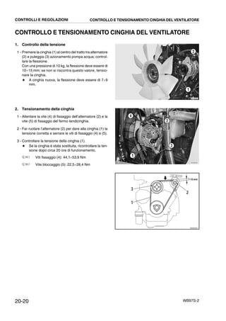 20-20 WB97S-2
CONTROLLO E TENSIONAMENTO CINGHIA DEL VENTILATORE
1. Controllo della tensione
1 - Premere la cinghia (1) al centro del tratto tra alternatore
(2) e puleggia (3) azionamento pompa acqua; control-
lare la flessione.
Con una pressione di 10 kg, la flessione deve essere di
10¸15 mm; se non si riscontra questo valore, tensio-
nare la cinghia.
★ A cinghia nuova, la flessione deve essere di 7¸9
mm.
2. Tensionamento della cinghia
1 - Allentare la vite (4) di fissaggio dell’alternatore (2) e la
vite (5) di fissaggio del fermo tendicinghia.
2 - Far ruotare l’alternatore (2) per dare alla cinghia (1) la
tensione corretta e serrare le viti di fissaggio (4) e (5).
3 - Controllare la tensione della cinghia (1).
★ Se la cinghia è stata sostituita, ricontrollare la ten-
sione dopo circa 20 ore di funzionamento.
Viti fissaggio (4): 44,1¸53,9 Nm
Vite bloccaggio (5): 22,5¸28,4 Nm
RKZB5390
1
2
RKZB5030
4
1
2
3
RKZO6750
2
3
7-10 mm
1
CONTROLLI E REGOLAZIONI CONTROLLO E TENSIONAMENTO CINGHIA DEL VENTILATORE
 