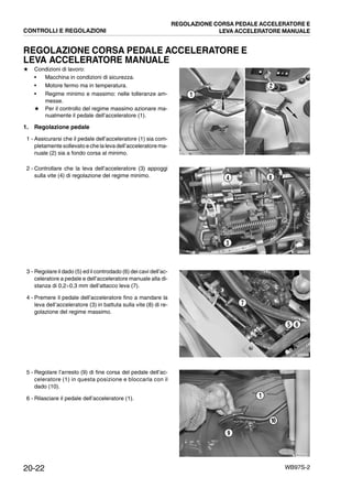 20-22 WB97S-2
REGOLAZIONE CORSA PEDALE ACCELERATORE E
LEVA ACCELERATORE MANUALE
★ Condizioni di lavoro:
• Macchina in condizioni di sicurezza.
• Motore fermo ma in temperatura.
• Regime minimo e massimo: nelle tolleranze am-
messe.
★ Per il controllo del regime massimo azionare ma-
nualmente il pedale dell’acceleratore (1).
1. Regolazione pedale
1 - Assicurarsi che il pedale dell’acceleratore (1) sia com-
pletamente sollevato e che la leva dell’acceleratore ma-
nuale (2) sia a fondo corsa al minimo.
2 - Controllare che la leva dell’acceleratore (3) appoggi
sulla vite (4) di regolazione del regime minimo.
3 - Regolare il dado (5) ed il controdado (6) dei cavi dell’ac-
celeratore a pedale e dell’acceleratore manuale alla di-
stanza di 0,2¸0,3 mm dell’attacco leva (7).
4 - Premere il pedale dell’acceleratore fino a mandare la
leva dell’acceleratore (3) in battuta sulla vite (8) di re-
golazione del regime massimo.
5 - Regolare l’arresto (9) di fine corsa del pedale dell’ac-
celeratore (1) in questa posizione e bloccarla con il
dado (10).
6 - Rilasciare il pedale dell’acceleratore (1).
RKZA9330
1
2
RKZA5390
4 8
3
RKZA5400
7
5 6
RKZA9340
1
9
10
CONTROLLI E REGOLAZIONI
REGOLAZIONE CORSA PEDALE ACCELERATORE E
LEVA ACCELERATORE MANUALE
 