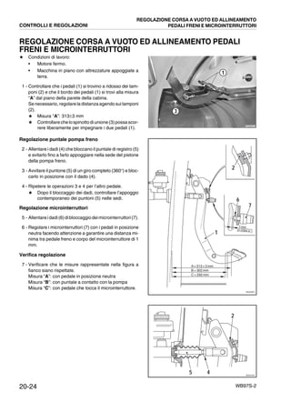 20-24 WB97S-2
REGOLAZIONE CORSA A VUOTO ED ALLINEAMENTO PEDALI
FRENI E MICROINTERRUTTORI
★ Condizioni di lavoro:
• Motore fermo.
• Macchina in piano con attrezzature appoggiate a
terra.
1 - Controllare che i pedali (1) si trovino a ridosso dei tam-
poni (2) e che il bordo dei pedali (1) si trovi alla misura
“A” dal piano della parete della cabina.
Se necessario, regolare la distanza agendo sui tamponi
(2).
★ Misura “A”: 313±3 mm
★ Controllare chelospinottodiunione(3)possascor-
rere liberamente per impegnare i due pedali (1).
Regolazione puntale pompa freno
2 - Allentare i dadi (4) che bloccano il puntale di registro (5)
e svitarlo fino a farlo appoggiare nella sede del pistone
della pompa freno.
3 - Avvitare il puntone (5) di un giro completo (360°) e bloc-
carlo in posizione con il dado (4).
4 - Ripetere le operazioni 3 e 4 per l’altro pedale.
★ Dopo il bloccaggio dei dadi, controllare l’appoggio
contemporaneo dei puntoni (5) nelle sedi.
Regolazione microinterruttori
5 - Allentareidadi(6)dibloccaggiodeimicrointerruttori(7).
6 - Regolare i microinterruttori (7) con i pedali in posizione
neutra facendo attenzione a garantire una distanza mi-
nima tra pedale freno e corpo del microinterruttore di 1
mm.
Verifica regolazione
7 - Verificare che le misure rappresentate nella figura a
fianco siano rispettate.
Misura “A”: con pedale in posizione neutra
Misura “B”: con puntale a contatto con la pompa
Misura “C”: con pedale che tocca il microinterruttore.
RKZB0020
3
1
RKZ03671
6
A= 313 ± 3 mm
C = 292 mm
B = 302 mm
1mm
(0.0394in.)
7
1
2
RKZ01951
5
2
4
CONTROLLI E REGOLAZIONI
REGOLAZIONE CORSA A VUOTO ED ALLINEAMENTO
PEDALI FRENI E MICROINTERRUTTORI
 