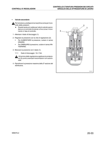 20-33WB97S-2
• Valvole secondarie
Perlataratura,predisporrelamacchinacomeper ilcon-
trollo delle pressioni.
★ Questa taratura è valida per tutte le valvole secon-
darie e si controlla forzando a fine corsa il movi-
mento in fase di controllo.
1 - Allentare il dado di bloccaggio (1).
2 - Regolare la pressione con la vite di regolazione (2).
• Per AUMENTARE la pressione, ruotare in senso
ORARIO.
• Per DIMINUIRE la pressione, ruotare in senso AN-
TIORARIO.
3 - Bloccare la posizione con il dado (1).
Dado di bloccaggio: 10±1 Nm
Al termine della regolazione applicare la protezio-
ne (3) contro eventuali manomissioni non autoriz-
zate.
4 - Ripristinare la pressione massima della 2ª sezione del
distributore.
1
2
3
RKZ02010
CONTROLLI E REGOLAZIONI
CONTROLLO E TARATURA PRESSIONI DEI CIRCUITI
IDRAULICI DELLE ATTREZZATURE DI LAVORO
 