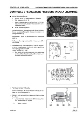 20-35WB97S-2
CONTROLLO E REGOLAZIONE PRESSIONE VALVOLA UNLOADING
★ Condizioni per il controllo:
• Motore: fermo ma alla temperatura di lavoro.
• Olio idraulico: 45¸55 °C.
• Macchina: attrezzature anteriori a terra, frenidi sta-
zionamento inseriti, bracci retroescavatore com-
pletamente estesi.
• Modo di lavoro: POWER
1 - Scollegare il tubo (1) della linea Load Sensing, instal-
lare un raccordo a T completo di presa di pressione e ri-
collegare il tubo (1).
2 - Rimuovere il tappo (2) ed installare una minipresa
(M8x1).
3 - Collegare alle miniprese installate il manometro diffe-
renziale E5.
4 - Avviare il motore al regime minimo (1050±50 giri/min.)
e, senza eseguire alcun movimento (leve in posizione
neutra), leggere il valore DP.
Valore normale: 21±1 bar
★ Se il valore DPnonrientra nei limiti,provvedere alla
taratura della valvola Unloading (3) montata sul di-
stributore del retroescavatore.
1. Taratura valvola Unloading
1 - Rimuovere il tappo (4) ed asportare la molla (5), le ron-
delle (6) ed il corpo valvola (7).
2 - Montare sotto la molla (5) uno spessore (8) e rimontare
la valvola.
• L’inserimento di uno spessore di 1 mm fa aumen-
tare la pressione.DP di 3 bar.
Tappo: 100 Nm
RKZB5641
1
2
RKZ07390
1
E5
2
RKZ07410
3
RKZ07420
4 75 6
8
CONTROLLI E REGOLAZIONI CONTROLLO E REGOLAZIONE PRESSIONE VALVOLA UNLOADING
 