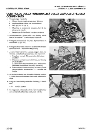 20-36 WB97S-2
CONTROLLO DELLA FUNZIONALITÀ DELLA VALVOLA DI FLUSSO
COMPENSATO
★ Condizioni per il controllo:
• Motore: fermo ma alla temperatura di lavoro.
• Regime motore al MIN.: nei limiti ammessi.
• Olio idraulico 45¸55 °C.
• Macchina: in condizioni di sicurezza, freni di sta-
zionamento inseriti.
• Leva comando distributori in posizione neutra.
1 - Scollegare il tubo (1) della linea Load Sensing, instal-
lare un raccordo a T (2) e ricollegare il tubo (1).
2 - Collegare al raccordo (2) una presa di pressione ed un
manometro E1 (60 bar).
3 - Collegare alla presa di pressione (3) del distributore del
retroescavatore il manometro E1 (60 bar).
4 - Avviare il motore al minimo e, senza eseguire alcun mo-
vimento, controllare la pressione sui due manometri.
★ Pressione normale (P) manometro distributore:
27±3 bar
★ Pressione normalemanometro linea LoadSensing
(PLS): 6±2 bar
(Questo valore è dovuto all’influenza della contro-
pressione esistente nel circuito di sterzatura).
★ Eventuali variazioni non creano problemi, purchè
venga rispettata la differenza di 21±1 bar tra le due
letture.
5 - Se la differenza tra le due letture è superiore al valore di
21±1 bar, fermare il motore e scaricare le pressioni re-
sidue.
6 - Eseguire un’accurata pulizia della valvola (4) e rimon-
tarla.
Valvola: 20 Nm
7 - Semalgradolapulizia dellavalvola(4) ilvalore 21±1 bar
non rientra nella tolleranza, sostituire la valvola.
RKZA9420
1
2
E1
RKZA5511
E1
3
RKZA8102
4
CONTROLLI E REGOLAZIONI
CONTROLLO DELLA FUNZIONALITÀ DELLA
VALVOLA DI FLUSSO COMPENSATO
 