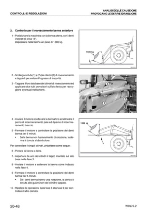 20-48 WB97S-2
2. Controllo per il rovesciamento benna anteriore
1 - Posizionarelamacchinaconlabennaaterra,conidenti
inclinati di circa 15°.
Depositare nella benna un peso di 1500 kg.
2 - Scollegare itubi (1) e (2) dai cilindri (3) di rovesciamento
e tapparli per evitare l’ingresso di impurità.
3 - Tappare il foro lato base dei cilindri di rovesciamento ed
applicare due tubi provvisori sul lato testa per racco-
gliere eventuali trafilamenti.
4 - Avviare il motore e sollevare la benna fino ad allineare il
perno di incernieramento pala ed il perno di incernie-
ramento braccio.
5 - Fermare il motore e controllare la posizione dei denti
benna per 5 minuti.
• Se la benna non ha movimento di rotazione, la de-
riva è dovuta al distributore.
Per controllare i singoli cilindri, procedere come segue:
6 - Portare la benna a terra.
7 - Asportare da uno dei cilindri il tappo montato sul lato
base nella fase 3.
8 - Avviare il motore e sollevare la benna come indicato
nella fase 4.
9 - Fermare il motore e controllare la posizione dei denti
benna per 5 minuti.
• Se i denti benna hanno una rotazione, la deriva è
dovuta alle guarnizioni del cilindro tappato.
10 - Ripetere le operazioni dalla fase 6 alla fase 9 per con-
trollare l’altro cilindro.
RKZ04350
1500 kg
RKZB5080
1
2
3
RKZ04360
1500 kg
CONTROLLI E REGOLAZIONI
ANALISI DELLE CAUSE CHE
PROVOCANO LE DERIVE IDRAULICHE
 
