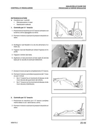 20-49WB97S-2
RETROESCAVATORE
★ Condizioni per i controlli:
• Retroescavatore in asse
• Stabilizzatori sollevati
1. Controllo per il 1° braccio
1 - Posizionare la macchinacon il2° braccioverticale econ
la benna a terra appoggiata sul dorso.
2 - Fermare il motore e scaricare le pressioni idrauliche re-
sidue.
3 - Scollegare i tubi flessibili (1) e (2) che alimentano il ci-
lindro (3).
4 - Tappare i due tubi flessibili per evitare l’ingresso di im-
purità.
5 - Tappare il cilindro lato testa.
6 - Applicare un tubo provvisorio al tubo rigido (3) del lato
base per la raccolta di eventuali trafilamenti.
7 - Avviare il motore ed aprire completamente il 2° braccio.
8 - Fermare il motore e controllare la posizione del 1° brac-
cio per 5 minuti.
• Se il 1° braccio ha un movimento di discesa, la de-
riva è dovuta alle guarnizioni del cilindro.
• Se il 1° braccio non ha movimento di discesa, la de-
riva è dovuta al distributore.
2. Controllo per il 2° braccio
1 - Posizionare la macchina con il 2° braccio completa-
mente esteso e con i denti benna a terra.
2 - Fermare il motore e scaricare le pressioni idrauliche re-
sidue.
RKZ02510
RKZA1341
2
1
3
RKZ02520
RKZ02530
CONTROLLI E REGOLAZIONI
ANALISI DELLE CAUSE CHE
PROVOCANO LE DERIVE IDRAULICHE
 