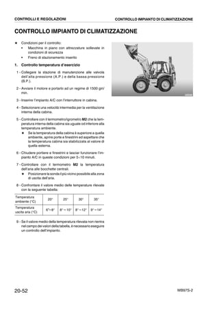 20-52 WB97S-2
CONTROLLO IMPIANTO DI CLIMATIZZAZIONE
★ Condizioni per il controllo:
• Macchina in piano con attrezzature sollevate in
condizioni di sicurezza
• Freno di stazionamento inserito
1. Controllo temperatura d’esercizio
1 - Collegare la stazione di manutenzione alle valvola
dell’alta pressione (A.P.) e della bassa pressione
(B.P.).
2 - Avviare il motore e portarlo ad un regime di 1500 giri/
min.
3 - Inserire l’impianto A/C con l’interruttore in cabina.
4 - Selezionare una velocità intermedia per la ventilazione
interna della cabina.
5 - Controllare con il termometro/igrometro M2 che la tem-
peratura interna della cabina sia uguale od inferiore alla
temperatura ambiente.
★ Se la temperatura della cabina è superiore a quella
ambiente, aprire porte e finestrini ed aspettare che
la temperatura cabina sia stabilizzata al valore di
quella esterna.
6 - Chiudere portiere e finestrini e lasciar funzionare l’im-
pianto A/C in queste condizioni per 5¸10 minuti.
7 - Controllare con il termometro M2 la temperatura
dell’aria alle bocchette centrali.
★ Posizionarela sondailpiùvicino possibilealla zona
di uscita dell’aria.
8 - Confrontare il valore medio delle temperature rilevate
con la seguente tabella:
9 - Se il valore medio della temperatura rilevata non rientra
nelcampodeivaloridellatabella,ènecessarioeseguire
un controllo dell’impianto.
Temperatura
ambiente (°C)
20° 25° 30° 35°
Temperatura
uscita aria (°C)
6°--8° 8° --10° 8° --12° 9° --14°
RKZA9070
CONTROLLI E REGOLAZIONI CONTROLLO IMPIANTO DI CLIMATIZZAZIONE
 