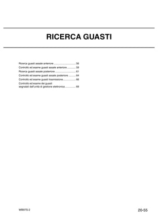 20-55WB97S-2
RICERCA GUASTI
Ricerca guasti assale anteriore ............................... 56
Controllo ed esame guasti assale anteriore ............ 59
Ricerca guasti assale posteriore ............................. 61
Controllo ed esame guasti assale posteriore .......... 64
Controllo ed esame guasti trasmissione.................. 66
Controllo ed esame dei guasti
segnalati dall’unità di gestione elettronica ............... 69
 