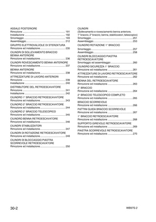 30-2 WB97S-2
ASSALE POSTERIORE
Rimozione ............................................................. 191
Installazione .......................................................... 192
Smontaggio ........................................................... 193
Assemblaggio........................................................ 212
GRUPPO ELETTROVALVOLE DI STERZATURA
Rimozione ed installazione.................................... 235
CILINDRI DI SOLLEVAMENTO BRACCIO
BENNA ANTERIORE
Rimozione ed installazione.................................... 236
CILINDRI ROVESCIAMENTO BENNA ANTERIORE
Rimozione ed installazione.................................... 237
BENNA ANTERIORE
Rimozione ed installazione.................................... 238
ATTREZZATURE DI LAVORO ANTERIORI
Rimozione ............................................................. 239
Installazione .......................................................... 240
DISTRIBUTORE DEL RETROESCAVATORE
Rimozione ............................................................. 241
Installazione .......................................................... 242
CILINDRO 1° BRACCIO RETROESCAVATORE
Rimozione ed installazione.................................... 243
CILINDRO 2° BRACCIO RETROESCAVATORE
Rimozione ed installazione.................................... 244
CILINDRO 2° BRACCIO TELESCOPICO
Rimozione ed installazione.................................... 245
CILINDRO BENNA RETROESCAVATORE
Rimozione ed installazione.................................... 246
CILINDRI STABILIZZATORI
Rimozione ed installazione.................................... 247
CILINDRI DI ROTAZIONE RETROESCAVATORE
Rimozione ed installazione.................................... 249
CILINDRI DI BLOCCAGGIO PIASTRA
SCORREVOLE RETROESCAVATORE
Rimozione ed installazione.................................... 250
CILINDRI
(Sollevamento e rovesciamento benna anteriore,
1° braccio, 2° braccio, benna, stabilizzatori, telescopico)
Smontaggio ............................................................251
Assemblaggio.........................................................253
CILINDRO ROTAZIONE 1° BRACCIO
Smontaggio ............................................................257
Assemblaggio.........................................................258
CILINDRI BLOCCAGGIO PIASTRA
RETROESCAVATORE
Smontaggio ed assemblaggio................................260
CILINDRO SICUREZZA 1° BRACCIO
Rimozione ed installazione ....................................261
ATTREZZATURE DI LAVORO RETROESCAVATORE
Rimozione ed installazione ....................................262
BENNA DEL RETROESCAVATORE
Rimozione ed installazione ....................................263
2° BRACCIO
Rimozione ed installazione ....................................264
2° BRACCIO TELESCOPICO COMPLETO
Rimozione ed installazione ....................................265
BRACCIO SCORREVOLE
Rimozione ed installazione ....................................266
PATTINI GUIDA BRACCIO SCORREVOLE
Rimozione ed installazione ....................................267
1° BRACCIO RETROESCAVATORE
Rimozione ed installazione ....................................268
SUPPORTO GIREVOLE RETROESCAVATORE
Rimozione ed installazione ....................................269
PIASTRA SCORREVOLE RETROESCAVATORE
Rimozione ed installazione ....................................270
 