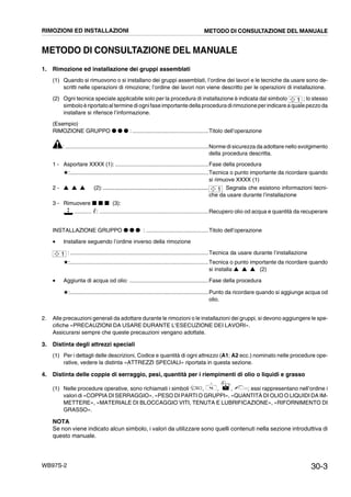 30-3WB97S-2
METODO DI CONSULTAZIONE DEL MANUALE
1. Rimozione ed installazione dei gruppi assemblati
(1) Quando si rimuovono o si installano dei gruppi assemblati, l’ordine dei lavori e le tecniche da usare sono de-
scritti nelle operazioni di rimozione; l’ordine dei lavori non viene descritto per le operazioni di installazione.
(2) Ogni tecnica speciale applicabile solo per la procedura di installazione è indicata dal simbolo ; lo stesso
simbolo èriportatoal termine diognifase importante della procedura dirimozione per indicare a quale pezzo da
installare si riferisce l’informazione.
(Esempio)
RIMOZIONE GRUPPO G G G : .................................................Titolo dell’operazione
: ............................................................................................Norme di sicurezza da adottare nello svolgimento
della procedura descritta.
1 - Asportare XXXX (1): ............................................................Fase della procedura
#:.........................................................................................Tecnica o punto importante da ricordare quando
si rimuove XXXX (1)
2 - L L L (2): ................................................................ Segnala che esistono informazioni tecni-
che da usare durante l’installazione
3 - Rimuovere I I I (3):
........... ᐉ: ......................................................................Recupero olio od acqua e quantità da recuperare
INSTALLAZIONE GRUPPO G G G : ........................................Titolo dell’operazione
· Installare seguendo l’ordine inverso della rimozione
: .........................................................................................Tecnica da usare durante l’installazione
#:.........................................................................................Tecnica o punto importante da ricordare quando
si installa L L L (2)
· Aggiunta di acqua od olio: ...................................................Fase della procedura
#:.........................................................................................Punto da ricordare quando si aggiunge acqua od
olio.
2. Alle precauzioni generali da adottare durante le rimozioni o le installazioni dei gruppi, si devono aggiungere le spe-
cifiche «PRECAUZIONI DA USARE DURANTE L’ESECUZIONE DEI LAVORI».
Assicurarsi sempre che queste precauzioni vengano adottate.
3. Distinta degli attrezzi speciali
(1) Per i dettagli delle descrizioni, Codice e quantità di ogni attrezzo (A1; A2 ecc.) nominato nelle procedure ope-
rative, vedere la distinta «ATTREZZI SPECIALI» riportata in questa sezione.
4. Distinta delle coppie di serraggio, pesi, quantità per i riempimenti di olio o liquidi e grasso
(1) Nelle procedure operative, sono richiamati i simboli , , , ; essi rappresentano nell’ordine i
valori di «COPPIA DI SERRAGGIO», «PESO DI PARTI O GRUPPI», «QUANTITÀ DI OLIO O LIQUIDI DA IM-
METTERE», «MATERIALE DI BLOCCAGGIO VITI, TENUTA E LUBRIFICAZIONE», «RIFORNIMENTO DI
GRASSO».
NOTA
Se non viene indicato alcun simbolo, i valori da utilizzare sono quelli contenuti nella sezione introduttiva di
questo manuale.
1
1
1
RIMOZIONI ED INSTALLAZIONI METODO DI CONSULTAZIONE DEL MANUALE
 