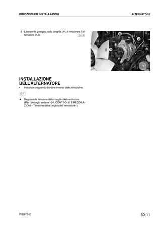 30-11WB97S-2
6 - Liberare la puleggia dalla cinghia (14) e rimuovere l’al-
ternatore (13).
INSTALLAZIONE
DELL’ALTERNATORE
• Installare seguendo l’ordine inverso della rimozione.
# Regolare la tensione della cinghia del ventilatore.
(Per i dettagli, vedere «20. CONTROLLI E REGOLA-
ZIONI - Tensione della cinghia del ventilatore»).
RKZB5100
14
13
12
1
1
RIMOZIONI ED INSTALLAZIONI ALTERNATORE
 