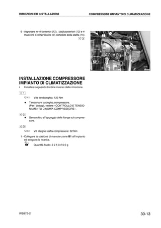 30-13WB97S-2
6 - Asportare le viti anteriori (12), i dadi posteriori (13) e ri-
muovere il compressore (7) completo della staffa (14).
INSTALLAZIONE COMPRESSORE
IMPIANTO DI CLIMATIZZAZIONE
• Installare seguendo l’ordine inverso della rimozione.
Vite tendicinghia: 123 Nm
# Tensionare la cinghia compressore.
(Per i dettagli, vedere «CONTROLLO E TENSIO-
NAMENTO CINGHIA COMPRESSORE».
# Serrare fino all’appoggio delle flange sul compres-
sore.
Viti ritegno staffa compressore: 32 Nm
1 - Collegare la stazione di manutenzione B1 all’impianto
ed eseguire la ricarica.
Quantità fluido: 2 2 5 0±15 0 g
RKZB5120
7
12 13
14
3
1
2
3
RIMOZIONI ED INSTALLAZIONI COMPRESSORE IMPIANTO DI CLIMATIZZAZIONE
 