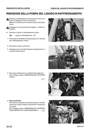 30-20 WB97S-2
RIMOZIONE DELLA POMPA DEL LIQUIDO DI RAFFREDDAMENTO
Sollevare completamente le attrezzature di lavoro an-
teriori ed applicare il fermo di sicurezza.
Mettere in condizione di sicurezza anche il retroesca-
vatore.
Scollegare il cavo dal terminale negativo (--) dell’accu-
mulatore.
# Scaricare il liquido di raffreddamento motore.
Liquido di raffreddamento: 18 ᐉ
1 - Rimuovere la vaschetta di compensazione (1) del liqui-
do di raffreddamento motore.
2 - Rimuovere il riparo ventola (2).
3 - Scollegare il cavo (3) dell’indicatore di intasamento e ri-
muovere il filtro aria (4).
4 - Rimuovere l’alternatore e la staffa di bloccaggio (5).
(Per i dettagli, vedere «RIMOZIONE DELL’ALTERNA-
TORE»).
5 - Solo se previsto
Rimuovere il compressore (6) dell’impianto di climatiz-
zazione ed i relativi supporti; posizionare il compresso-
re a parte.
(Per i dettagli, vedere «RIMOZIONE DEL COMPRES-
SORE IMPIANTO DI CLIMATIZZAZIONE»).
RKZB5410
1
RKZB5023
2
3
4
RKZB5101
5
1
RKZB5052
6
4
RIMOZIONI ED INSTALLAZIONI POMPA DEL LIQUIDO DI RAFFREDDAMENTO
 