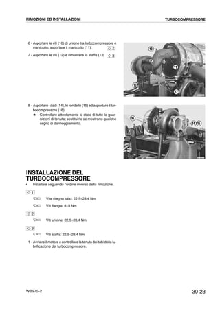 30-23WB97S-2
6 - Asportare le viti (10) di unione tra turbocompressore e
manicotto; asportare il manicotto (11).
7 - Asportare le viti (12) e rimuovere la staffa (13).
8 - Asportare i dadi (14), le rondelle (15) ed asportare il tur-
bocompressore (16).
# Controllare attentamente lo stato di tutte le guar-
nizioni di tenuta; sostituirle se mostrano qualche
segno di danneggiamento.
INSTALLAZIONE DEL
TURBOCOMPRESSORE
• Installare seguendo l’ordine inverso della rimozione.
Vite ritegno tubo: 22,5¸28,4 Nm
Viti flangia: 8¸9 Nm
Viti unione: 22,5¸28,4 Nm
Viti staffa: 22,5¸28,4 Nm
1 - Avviare il motore e controllare la tenuta dei tubi della lu-
brificazione del turbocompressore.
RKZA1621
12
13
10
11
2
3
RKZA0240
14 15
16
1
2
3
RIMOZIONI ED INSTALLAZIONI TURBOCOMPRESSORE
 