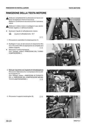 30-24 WB97S-2
RIMOZIONE DELLA TESTA MOTORE
Sollevare completamente le attrezzature di lavoro an-
teriori ed applicare il fermo di sicurezza.
Mettere in condizione di sicurezza anche il retroesca-
vatore.
Sollevare il cofano motore e scollegare il cavo dal ter-
minale negativo (--) dell’accumulatore.
# Scaricare il liquido di raffreddamento motore.
Liquido di raffreddamento: 18 ᐉ
1 - Rimuovere la vaschetta di compensazione (1).
2 - Scollegare il cavo (2) del sensore di intasamento filtro
(3) e rimuovere il filtro di aspirazione (4) completo ed il
relativo supporto.
# Rimuovere il turbocompressore.
(Per i dettagli, vedere «RIMOZIONE DEL TURBO-
COMPRESSORE»).
3 - Solo per macchine con impianto di climatizzazione
Rimuovere l’alternatore (5), il compressore (6) e la staf-
fa di supporto (7).
(Per i dettagli, vedere: «RIMOZIONE ALTERNATO-
RE» e «RIMOZIONE DEL COMPRESSORE IMPIAN-
TO DI CLIMATIZZAZIONE»).
4 - Rimuovere il supporto tendicinghia (8).
RKZB5410
1
1
RKZB5025
4
2
3
2
RKZB5053
75
6
3
RKZB5042
8
4
RIMOZIONI ED INSTALLAZIONI TESTA MOTORE
 