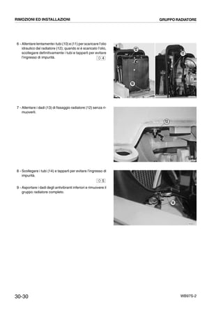 30-30 WB97S-2
6 - Allentare lentamente i tubi (10) e (11) per scaricare l’olio
idraulico dal radiatore (12); quando si è scaricato l’olio,
scollegare definitivamente i tubi e tapparli per evitare
l’ingresso di impurità.
7 - Allentare i dadi (13) di fissaggio radiatore (12) senza ri-
muoverli.
8 - Scollegare i tubi (14) e tapparli per evitare l’ingresso di
impurità.
9 - Asportare i dadi degli antivibranti inferiori e rimuovere il
gruppo radiatore completo.
RKZB5200
10
12
11
4
RKZB5420
13
RKZB5210
14
5
RIMOZIONI ED INSTALLAZIONI GRUPPO RADIATORE
 