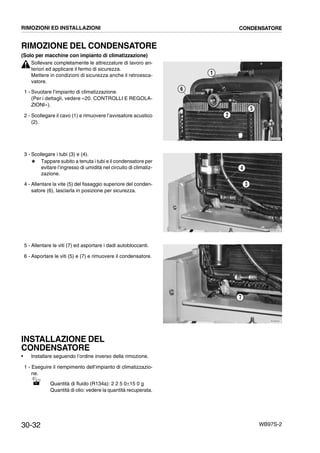 30-32 WB97S-2
RIMOZIONE DEL CONDENSATORE
(Solo per macchine con impianto di climatizzazione)
Sollevare completamente le attrezzature di lavoro an-
teriori ed applicare il fermo di sicurezza.
Mettere in condizioni di sicurezza anche il retroesca-
vatore.
1 - Svuotare l’impianto di climatizzazione.
(Per i dettagli, vedere «20. CONTROLLI E REGOLA-
ZIONI»).
2 - Scollegare il cavo (1) e rimuovere l’avvisatore acustico
(2).
3 - Scollegare i tubi (3) e (4).
# Tappare subito a tenuta i tubi e il condensatore per
evitare l’ingresso di umidità nel circuito di climatiz-
zazione.
4 - Allentare la vite (5) del fissaggio superiore del conden-
satore (6), lasciarla in posizione per sicurezza.
5 - Allentare le viti (7) ed asportare i dadi autobloccanti.
6 - Asportare le viti (5) e (7) e rimuovere il condensatore.
INSTALLAZIONE DEL
CONDENSATORE
• Installare seguendo l’ordine inverso della rimozione.
1 - Eseguire il riempimento dell’impianto di climatizzazio-
ne.
Quantità di fluido (R134a): 2 2 5 0±15 0 g
Quantità di olio: vedere la quantità recuperata.
RKZB5230
1
2
5
6
RKZB5191
3
4
RKZB5220
7
RIMOZIONI ED INSTALLAZIONI CONDENSATORE
 