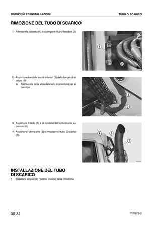 30-34 WB97S-2
RIMOZIONE DEL TUBO DI SCARICO
1 - Allentare la fascetta (1) e scollegare il tubo flessibile (2).
2 - Asportare due delle tre viti inferiori (3) della flangia di at-
tacco (4).
# Allentare la terza vite e lasciarla in posizione per si-
curezza.
3 - Asportare il dado (5) e la rondella dell’antivibrante su-
periore (6).
4 - Asportare l’ultima vite (3) e rimuovere il tubo di scarico
(7).
INSTALLAZIONE DEL TUBO
DI SCARICO
• Installare seguendo l’ordine inverso della rimozione.
RKZB5340
2
1
RKZA0341
4
3
RKZA0351
5
7
6
RIMOZIONI ED INSTALLAZIONI TUBO DI SCARICO
 