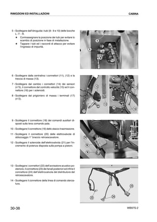 30-38 WB97S-2
5 - Scollegare dall’idroguida i tubi (8 - 9 e 10) delle bocche
L -T - R.
# Contrassegnare la posizione dei tubi per evitare lo
scambio di posizione in fase di installazione.
# Tappare i tubi ed i raccordi di attacco per evitare
l’ingresso di impurità.
6 - Scollegare dalla centralina i connettori (11), (12) e la
treccia di massa (13).
7 - Scollegare dal cambio i connettori (14) dei sensori
(n°5), il connettore del controllo velocità (15) ed il con-
nettore (16) per i solenoidi.
8 - Scollegare dal prigioniero di massa i terminali (17)
(n°2).
9 - Scollegare il connettore (18) dei comandi ausiliari di-
sposti sulla leva comando pala.
10 - Scollegare il connettore (19) dello stacco trasmissione.
11 - Scollegare il connettore (20) delle elettrovalvole di
sbloccaggio 1° braccio retroescavatore.
12 - Scollegare il solenoide dell’elettrovalvola (21) per l’in-
cremento di potenza disposta sulla pompa a pistoni.
13 - Scollegare i connettori (22) dell’avvisatore acustico po-
steriore, ilconnettore (23) dei fanali posteriori ed infine il
connettore (24) dell’elettrovalvola del distributore del
retroescavatore.
14 - Scollegare il connettore della linea di comando sterza-
tura.
RKZA9580
8
9
10
RKZA8760
11
12
13
16
14
1415
17
RKZA0430
18
2120
19
RKZA0440
23
22 24
RIMOZIONI ED INSTALLAZIONI CABINA
 