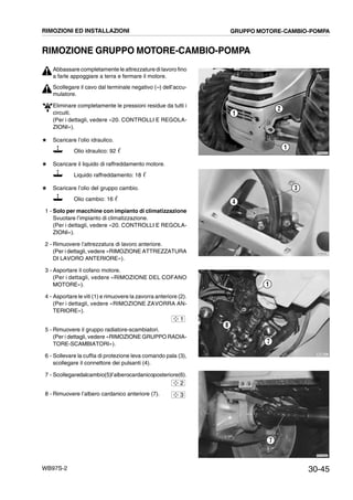 30-45WB97S-2
RIMOZIONE GRUPPO MOTORE-CAMBIO-POMPA
Abbassare completamente le attrezzature di lavoro fino
a farle appoggiare a terra e fermare il motore.
Scollegare il cavo dal terminale negativo (--) dell’accu-
mulatore.
Eliminare completamente le pressioni residue da tutti i
circuiti.
(Per i dettagli, vedere «20. CONTROLLI E REGOLA-
ZIONI»).
# Scaricare l’olio idraulico.
Olio idraulico: 92 ᐉ
# Scaricare il liquido di raffreddamento motore.
Liquido raffreddamento: 18 ᐉ
# Scaricare l’olio del gruppo cambio.
Olio cambio: 16 ᐉ
1 - Solo per macchine con impianto di climatizzazione
Svuotare l’impianto di climatizzazione.
(Per i dettagli, vedere «20. CONTROLLI E REGOLA-
ZIONI»).
2 - Rimuovere l’attrezzatura di lavoro anteriore.
(Per i dettagli, vedere «RIMOZIONE ATTREZZATURA
DI LAVORO ANTERIORE»).
3 - Asportare il cofano motore.
(Per i dettagli, vedere «RIMOZIONE DEL COFANO
MOTORE»).
4 - Asportare le viti (1) e rimuovere la zavorra anteriore (2).
(Per i dettagli, vedere «RIMOZIONE ZAVORRA AN-
TERIORE»).
5 - Rimuovere il gruppo radiatore-scambiatori.
(Per i dettagli, vedere «RIMOZIONE GRUPPO RADIA-
TORE-SCAMBIATORI»).
6 - Sollevare la cuffia di protezione leva comando pala (3),
scollegare il connettore dei pulsanti (4).
7 - Scollegaredalcambio(5)l’alberocardanicoposteriore(6).
8 - Rimuovere l’albero cardanico anteriore (7).
RKZA9140
2
1
1
RKZB0050
3
4
RKZB5310
1
7
8
1
2
RKZA9320
7
3
RIMOZIONI ED INSTALLAZIONI GRUPPO MOTORE-CAMBIO-POMPA
 