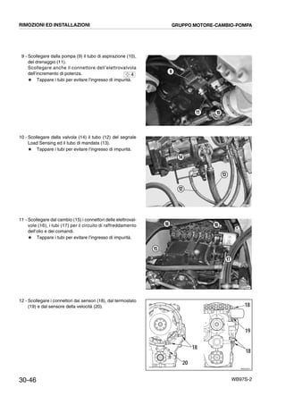 30-46 WB97S-2
9 - Scollegare dalla pompa (9) il tubo di aspirazione (10),
del drenaggio (11).
Scollegare anche il connettore dell’elettrovalvola
dell’incremento di potenza.
# Tappare i tubi per evitare l’ingresso di impurità.
10 - Scollegare dalla valvola (14) il tubo (12) del segnale
Load Sensing ed il tubo di mandata (13).
# Tappare i tubi per evitare l’ingresso di impurità.
11 - Scollegare dal cambio (15) i connettori delle elettroval-
vole (16), i tubi (17) per il circuito di raffreddamento
dell’olio e dei comandi.
# Tappare i tubi per evitare l’ingresso di impurità.
12 - Scollegare i connettori dai sensori (18), dal termostato
(19) e dal sensore della velocità (20).
RKZB5320
9
1011
4
RKZA9411
12
13
14
RKZA8880
15
16 16
17
RKZO4370
18
20
18
19
18
RIMOZIONI ED INSTALLAZIONI GRUPPO MOTORE-CAMBIO-POMPA
 