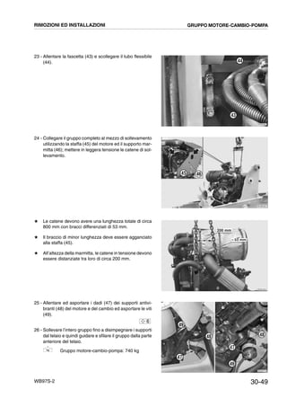 30-49WB97S-2
23 - Allentare la fascetta (43) e scollegare il tubo flessibile
(44).
24 - Collegare il gruppo completo al mezzo di sollevamento
utilizzando la staffa (45) del motore ed il supporto mar-
mitta (46); mettere in leggera tensione le catene di sol-
levamento.
# Le catene devono avere una lunghezza totale di circa
800 mm con bracci differenziati di 53 mm.
# Il braccio di minor lunghezza deve essere agganciato
alla staffa (45).
# All’altezza della marmitta, le catene in tensione devono
essere distanziate tra loro di circa 200 mm.
25 - Allentare ed asportare i dadi (47) dei supporti antivi-
branti (48) del motore e del cambio ed asportare le viti
(49).
26 - Sollevare l’intero gruppo fino a disimpegnare i supporti
dal telaio e quindi guidare e sfilare il gruppo dalla parte
anteriore del telaio.
Gruppo motore-cambio-pompa: 740 kg
RKZB5342
43
44
RKZB5350
45 46
RKZA1641
200 mm
-- 53 mm
RKZA0712
47
49
49
47
4848
6
RIMOZIONI ED INSTALLAZIONI GRUPPO MOTORE-CAMBIO-POMPA
 