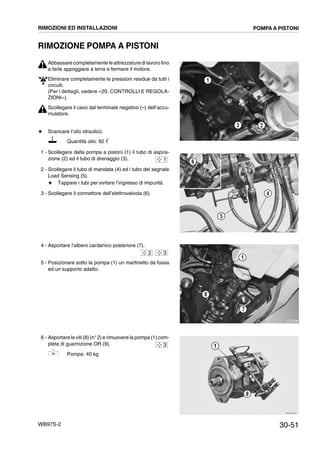30-51WB97S-2
RIMOZIONE POMPA A PISTONI
Abbassare completamente le attrezzature di lavoro fino
a farle appoggiare a terra e fermare il motore.
Eliminare completamente le pressioni residue da tutti i
circuiti.
(Per i dettagli, vedere «20. CONTROLLI E REGOLA-
ZIONI»).
Scollegare il cavo dal terminale negativo (--) dell’accu-
mulatore.
# Scaricare l’olio idraulico.
Quantità olio: 92 ᐉ
1 - Scollegare dalla pompa a pistoni (1) il tubo di aspira-
zione (2) ed il tubo di drenaggio (3).
2 - Scollegare il tubo di mandata (4) ed i tubo del segnale
Load Sensing (5).
# Tappare i tubi per evitare l’ingresso di impurità.
3 - Scollegare il connettore dell’elettrovalvola (6).
4 - Asportare l’albero cardanico posteriore (7).
5 - Posizionare sotto la pompa (1) un martinetto da fossa
ed un supporto adatto.
6 - Asportare le viti (8)(n° 2)e rimuovere la pompa (1) com-
pleta di guarnizione OR (9).
Pompa: 40 kg
RKZB5321
23
1
RKZB0010
6
5
4
1
RKZB5310
1
7
8
2 3
RKZA9720
1
9
3
RIMOZIONI ED INSTALLAZIONI POMPA A PISTONI
 