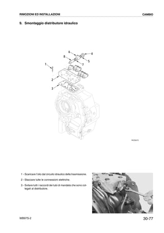 30-77WB97S-2
9. Smontaggio distributore idraulico
1 - Scaricare l’olio dal circuito idraulico della trasmissione.
2 - Staccare tutte le connessioni elettriche.
3 - Svitare tutti i raccordi dei tubi di mandata che sono col-
legati al distributore.
1
2
3
8
6
7
4
5
RKZ06470
RKZB1841
RIMOZIONI ED INSTALLAZIONI CAMBIO
 