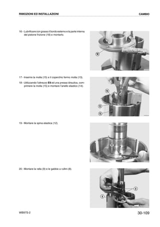 30-109WB97S-2
16 - Lubrificare con grasso il bordo esterno e la parte interna
del pistone frizione (18) e montarlo.
17 - Inserire la molla (15) e il coperchio fermo molla (13).
18 - Utilizzando l’attrezzo E9 ed una pressa idraulica, com-
primere la molla (15) e montare l’anello elastico (14).
19 - Montare la spina elastica (12).
20 - Montare la ralla (9) e le gabbie a rullini (8).
RKZB3280
18
RKZB3290
15
13
14
RKZB3300
12
RKZB4820
9
8
RIMOZIONI ED INSTALLAZIONI CAMBIO
 