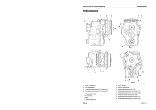 10-6 WB97S-2
TRASMISSIONE
RKZ04250
Vista X
A
7
A
1 2
8
X
3
B
12
11
10
B
6
59
a
b c
d
4
DATI TECNICI DI FUNZIONAMENTO TRASMISSIONE
a. Dallo scambiatore
b. Allo scambiatore
c. Al gruppo elettrovalvole ST1 (Attacco P)
d. Dal gruppo elettrovalvole ST1 (Attacco T)
1. Gruppo distributore
2. Convertitore
3. Filtro
4. Tappo scarico olio
5. Tappo di sfiato
6. Filtro in aspirazione
7. Sensore temperatura olio (C16)
8. Pressostato inserimento 4ª marcia (C11)
9. Pressostato inserimento 1ª marcia (C08)
10. Sensore velocità di rotazione (C02)
11. Pressostato inserimento 3ª marcia (C10)
12. Pressostato inserimento 2ª marcia (C09)
 