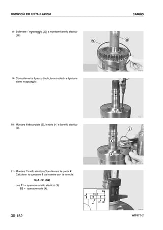 30-152 WB97S-2
8 - Sollevare l’ingranaggio (20) e montare l’anello elastico
(16).
9 - Controllare che il pacco dischi, i controdischi e il pistone
siano in appoggio.
10 - Montare il distanziale (6), le ralle (4) e l’anello elastico
(3).
11 - Montare l’anello elastico (3) e rilevare la quota X.
Calcolare lo spessore S da inserire con la formula:
S=X–(S1+S2)
ove S1 = spessore anello elastico (3)
S2 = spessore ralle (4).
RKZB4700
16 20
RKZB4710
RKZB4720
3
4
6
RKZB4730
S
X
S2S1
3
45
RIMOZIONI ED INSTALLAZIONI CAMBIO
 