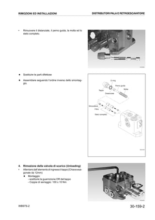 30-159-2WB97S-2
• Rimuovere il distanziale, il perno guida, la molla ed lo
stelo completo.
★ Sostituire le parti difettose
★ Assemblare seguendo l’ordine inverso dello smontag-
gio.
4. Rimozione della valvola di scarico (Unloading)
• Allentaredall’elementodiingressoiltappo(Chiaveesa-
gonale da 12mm)
★ Montaggio:
- sostituire la guarnizione OR del tappo
- Coppia di serraggio: 100 ± 10 Nm
RKZB5880
RKZ075401
Perno guida
O-ring
Molla
Distanziale
Tappo
Strozzatore
Filtro
Stelo completo
RKZB5900
RIMOZIONI ED INSTALLAZIONI DISTRIBUTORI PALA E RETROESCAVATORE
 