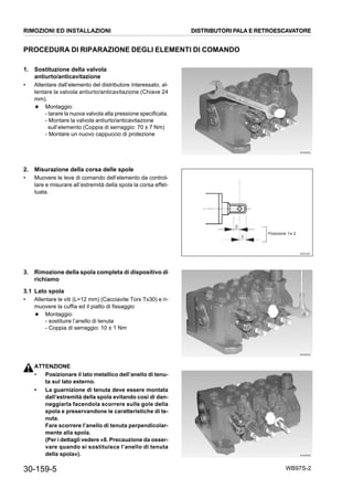 30-159-5 WB97S-2
PROCEDURA DI RIPARAZIONE DEGLI ELEMENTI DI COMANDO
1. Sostituzione della valvola
antiurto/anticavitazione
• Allentare dall’elemento del distributore interessato, al-
lentare la valvola antiurto/anticavitazione (Chiave 24
mm).
★ Montaggio:
- tarare la nuova valvola alla pressione specificata.
- Montare la valvola antiurto/anticavitazione
sull’elemento (Coppia di serraggio: 70 ± 7 Nm)
- Montare un nuovo cappuccio di protezione
2. Misurazione della corsa delle spole
• Muovere le leve di comando dell’elemento da control-
lare e misurare all’estremità della spola la corsa effet-
tuata.
3. Rimozione della spola completa di dispositivo di
richiamo
3.1 Lato spola
• Allentare le viti (L=12 mm) (Cacciavite Torx Tx30) e ri-
muovere la cuffia ed il piatto di fissaggio
★ Montaggio:
- sostituire l’anello di tenuta
- Coppia di serraggio: 10 ± 1 Nm
ATTENZIONE
• Posizionare il lato metallico dell’anello di tenu-
ta sul lato esterno.
• La guarnizione di tenuta deve essere montata
dall’estremità della spola evitando così di dan-
neggiarla facendola scorrere sulle gole della
spola e preservandone le caratteristiche di te-
nuta.
Fare scorrere l’anello di tenuta perpendicolar-
mente alla spola.
(Per i dettagli vedere «8. Precauzione da osser-
vare quando si sostituisce l’anello di tenuta
della spola»).
RKZB5940
RKZ07581
Posizione 1e 2
RKZB5950
RKZB5960
RIMOZIONI ED INSTALLAZIONI DISTRIBUTORI PALA E RETROESCAVATORE
 