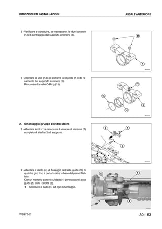 30-163WB97S-2
5 - Verificare e sostituire, se necessario, le due boccole
(12) di centraggio dal supporto anteriore (5).
6 - Allentare la vite (13) ed estrarre la boccola (14) di ra-
samento dal supporto anteriore (5).
Rimuovere l’anello O-Ring (15).
2. Smontaggio gruppo cilindro sterzo
1 - Allentare le viti (1) e rimuovere il sensore di sterzata (2)
completo di staffa (3) di supporto.
2 - Allentare il dado (4) di fissaggio dell’asta guida (5) di
qualche giro fino a portarlo oltre la base del perno filet-
tato.
Con un martello battere sul dado (4) per staccare l’asta
guida (5) dalla calotta (6).
# Sostituire il dado (4) ad ogni smontaggio.
RKZ05520
12
5
RKZ05530
15
13
5
14
RKZ05540
2
13
RKZB0080
4
56
RIMOZIONI ED INSTALLAZIONI ASSALE ANTERIORE
 