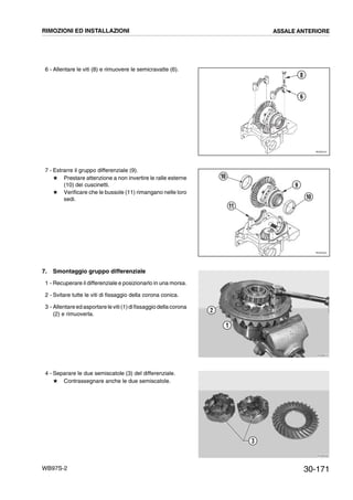 30-171WB97S-2
6 - Allentare le viti (8) e rimuovere le semicravatte (6).
7 - Estrarre il gruppo differenziale (9).
# Prestare attenzione a non invertire le ralle esterne
(10) dei cuscinetti.
# Verificare che le bussole (11) rimangano nelle loro
sedi.
7. Smontaggio gruppo differenziale
1 - Recuperare il differenziale e posizionarlo in una morsa.
2 - Svitare tutte le viti di fissaggio della corona conica.
3 - Allentare ed asportare le viti(1)difissaggio della corona
(2) e rimuoverla.
4 - Separare le due semiscatole (3) del differenziale.
# Contrassegnare anche le due semiscatole.
RKZ05310
8
6
RKZ05320
9
10
11
10
RKZB0570
1
2
RKZB0580
3
RIMOZIONI ED INSTALLAZIONI ASSALE ANTERIORE
 